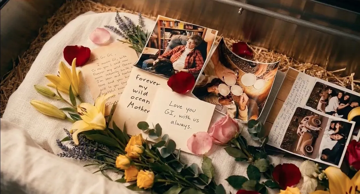 Handwritten notes, family photographs, and flowers laid on a shroud inside a terramation vessel