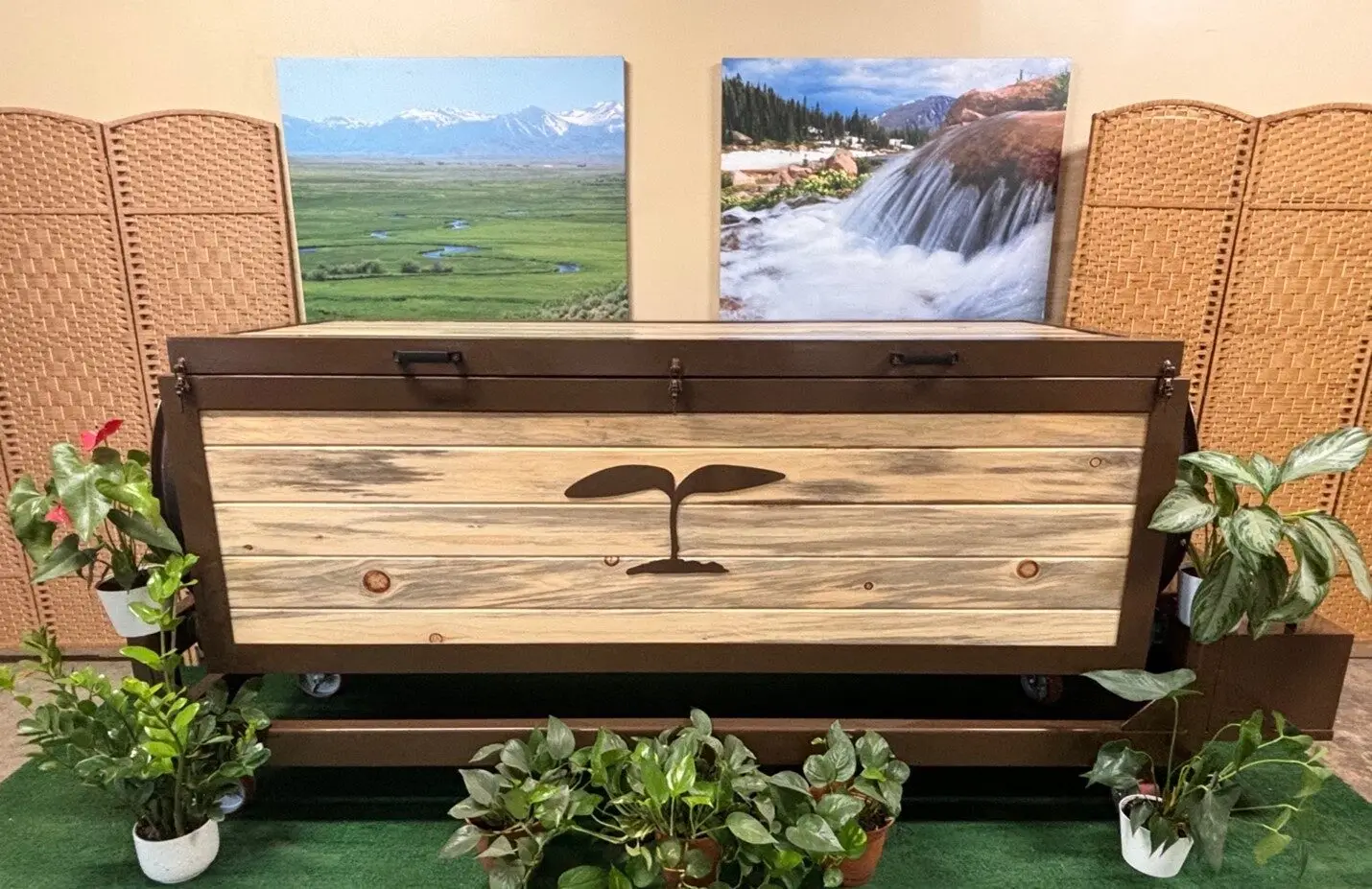 A Chrysalis terramation vessel of blond pine, flanked by living plants and Colorado landscape paintings